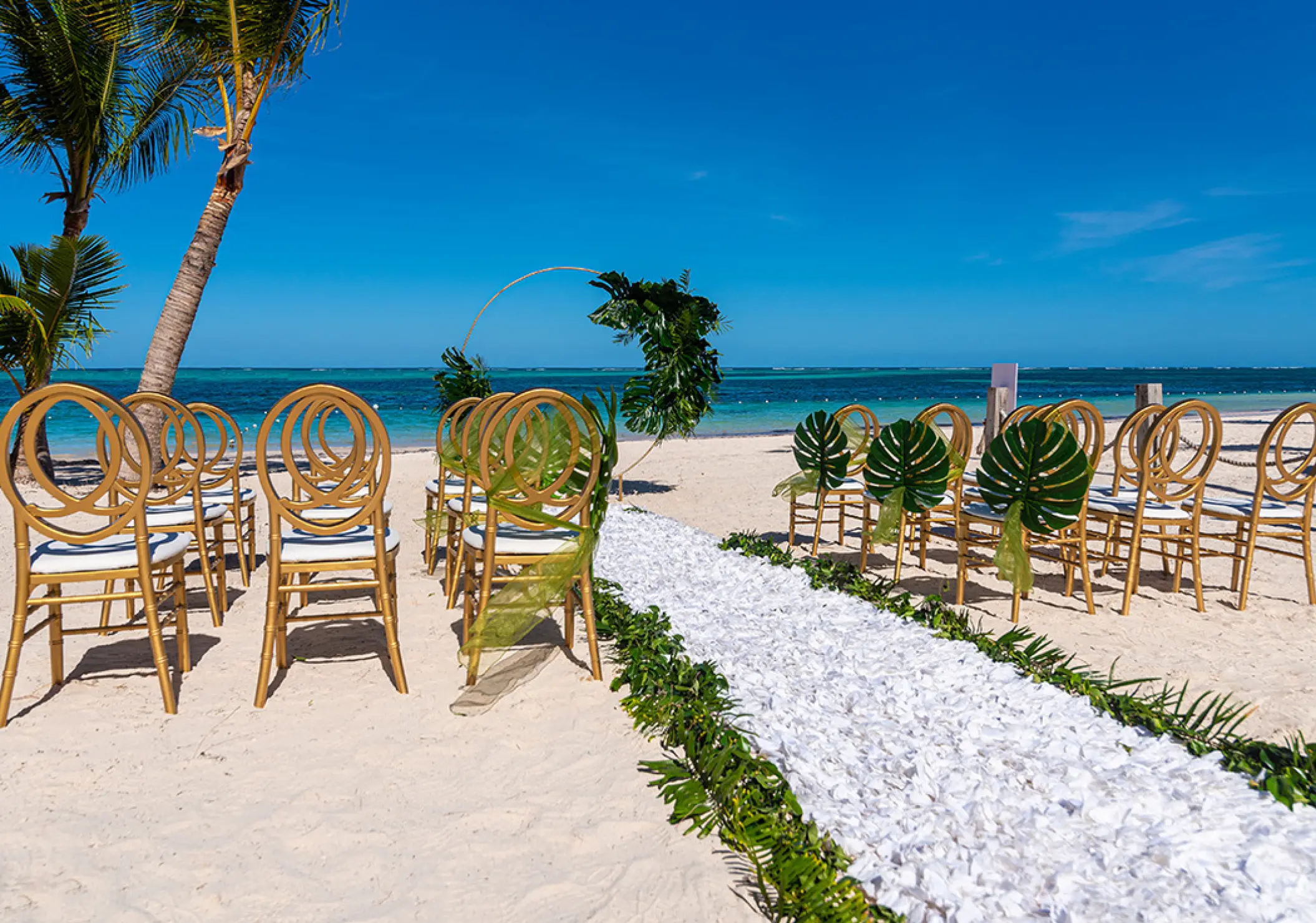 Beach wedding ceremony with gold chairs and white flower petal aisle at Lopesan Costa Bavaro, Punta Cana
