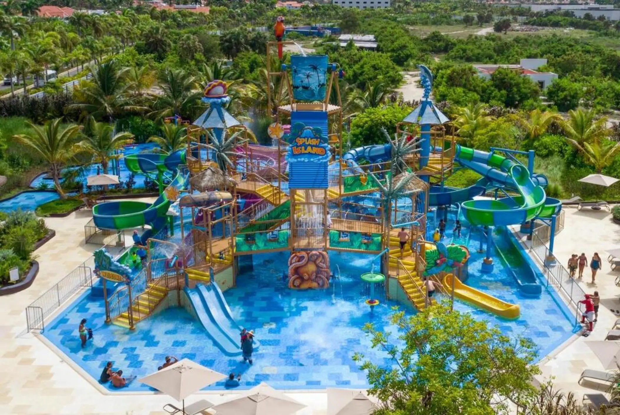 Splash Island waterpark with colorful slides and splash pads at Lopesan Costa Bavaro, Punta Cana