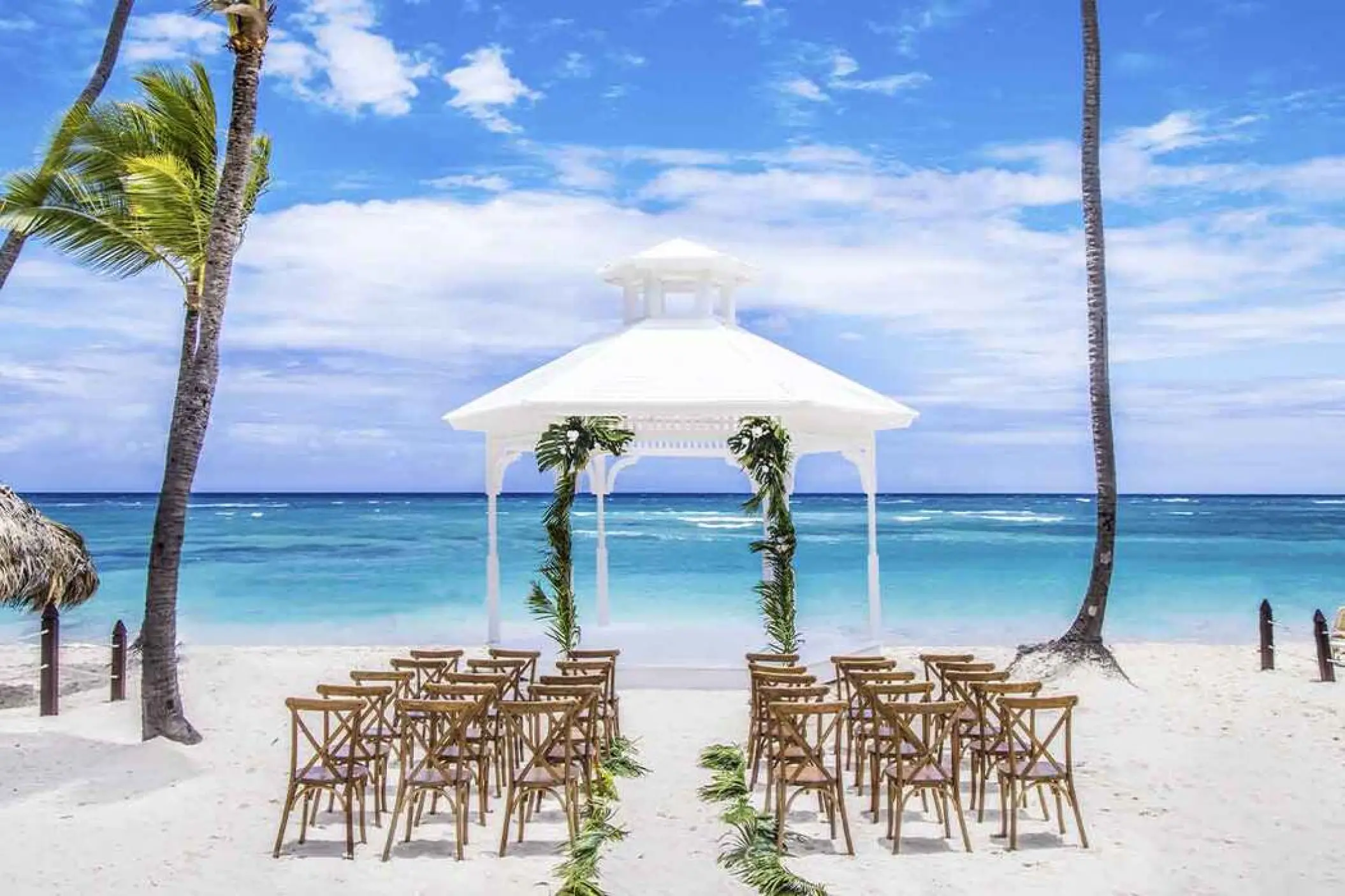 White beach gazebo wedding ceremony at Majestic Colonial, Punta Cana