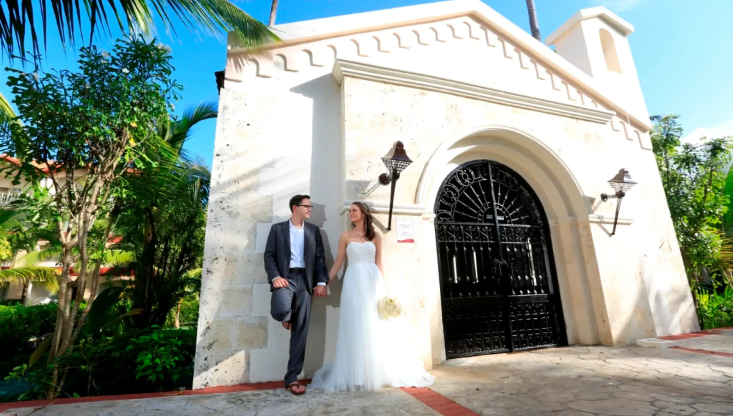 bride and groom at the chapel venue at majestic punta cana