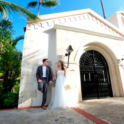 bride and groom at the chapel venue at majestic punta cana