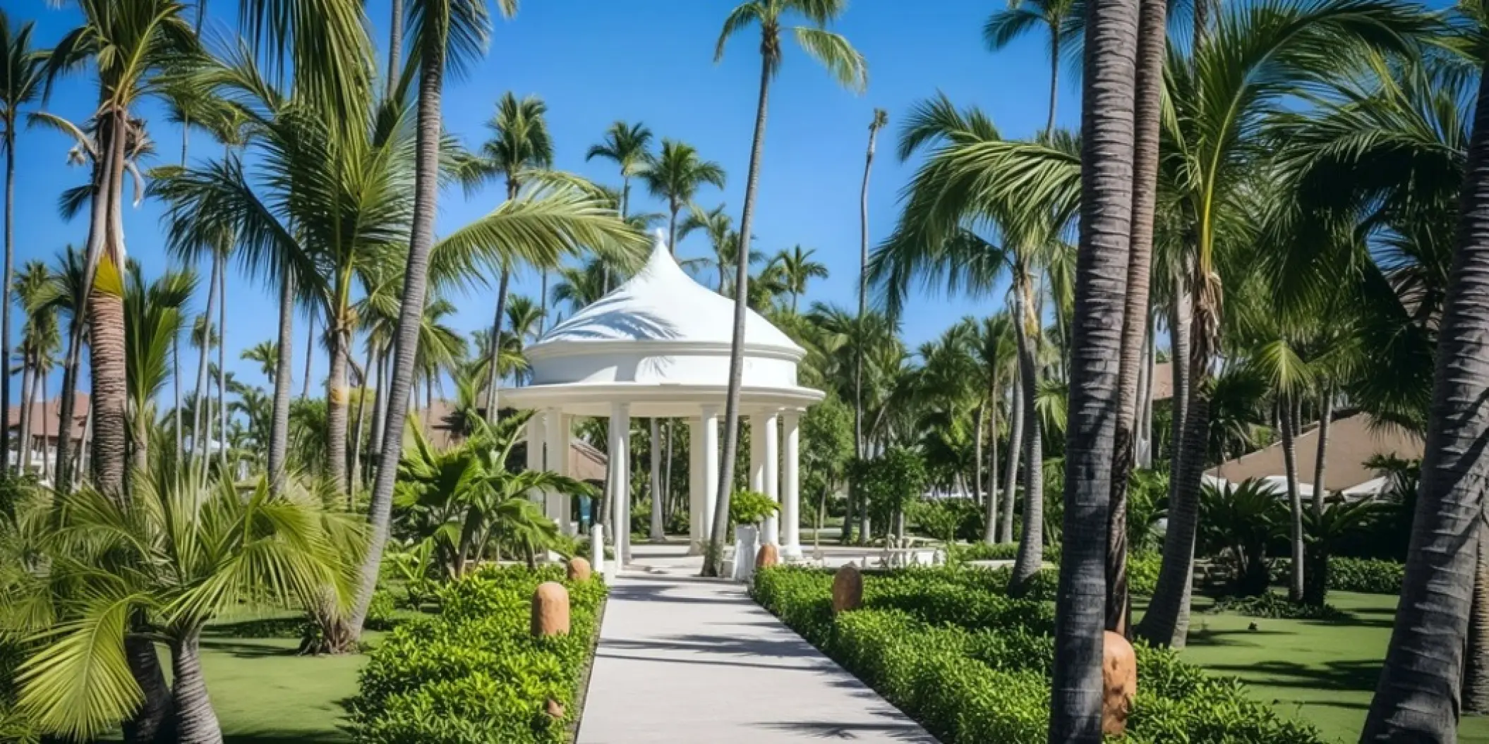 Garden wedding gazebo surrounded by palm trees at Majestic Colonial, Punta Cana