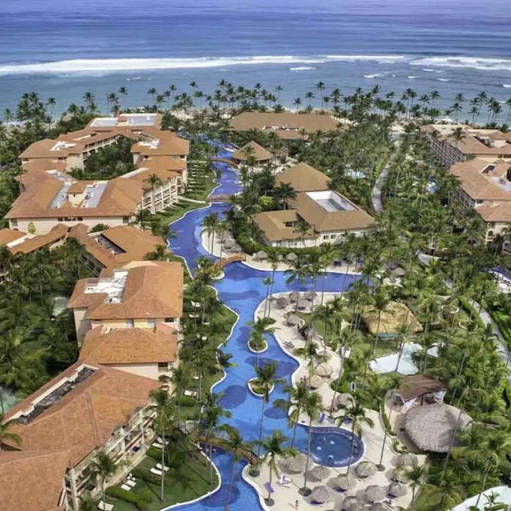 Aerial view of Majestic Colonial Punta Cana pools and beachfront, Punta Cana