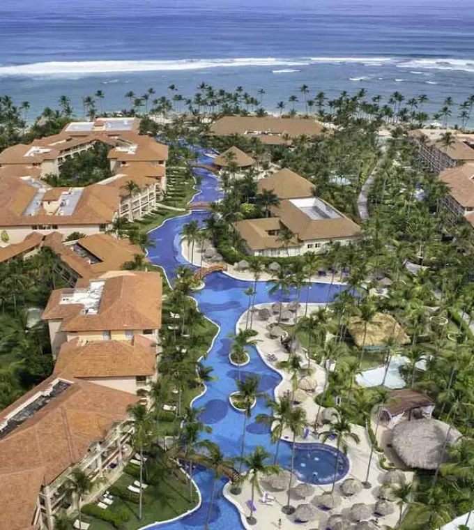 Aerial view of Majestic Colonial Punta Cana pools and beachfront, Punta Cana
