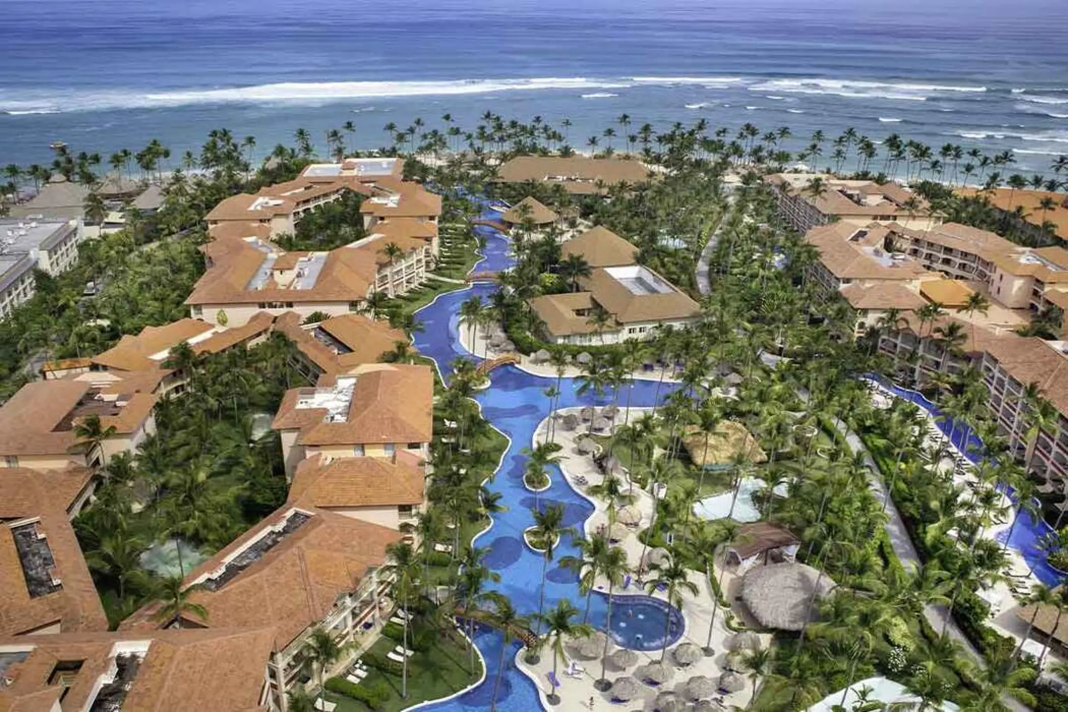Aerial view of Majestic Colonial Punta Cana pools and beachfront, Punta Cana