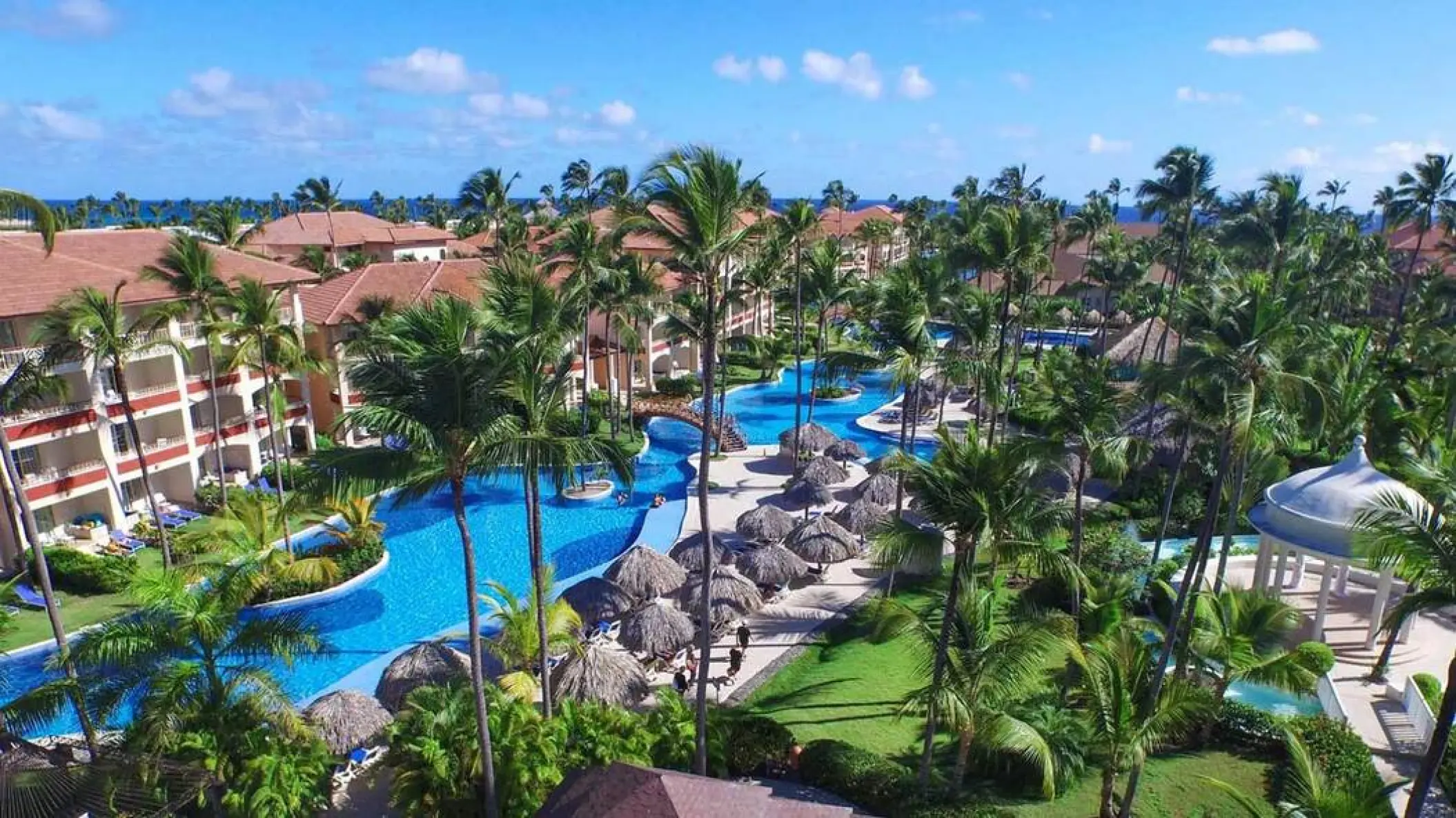Aerial view of swimming pools and tropical gardens at Majestic Colonial, Punta Cana