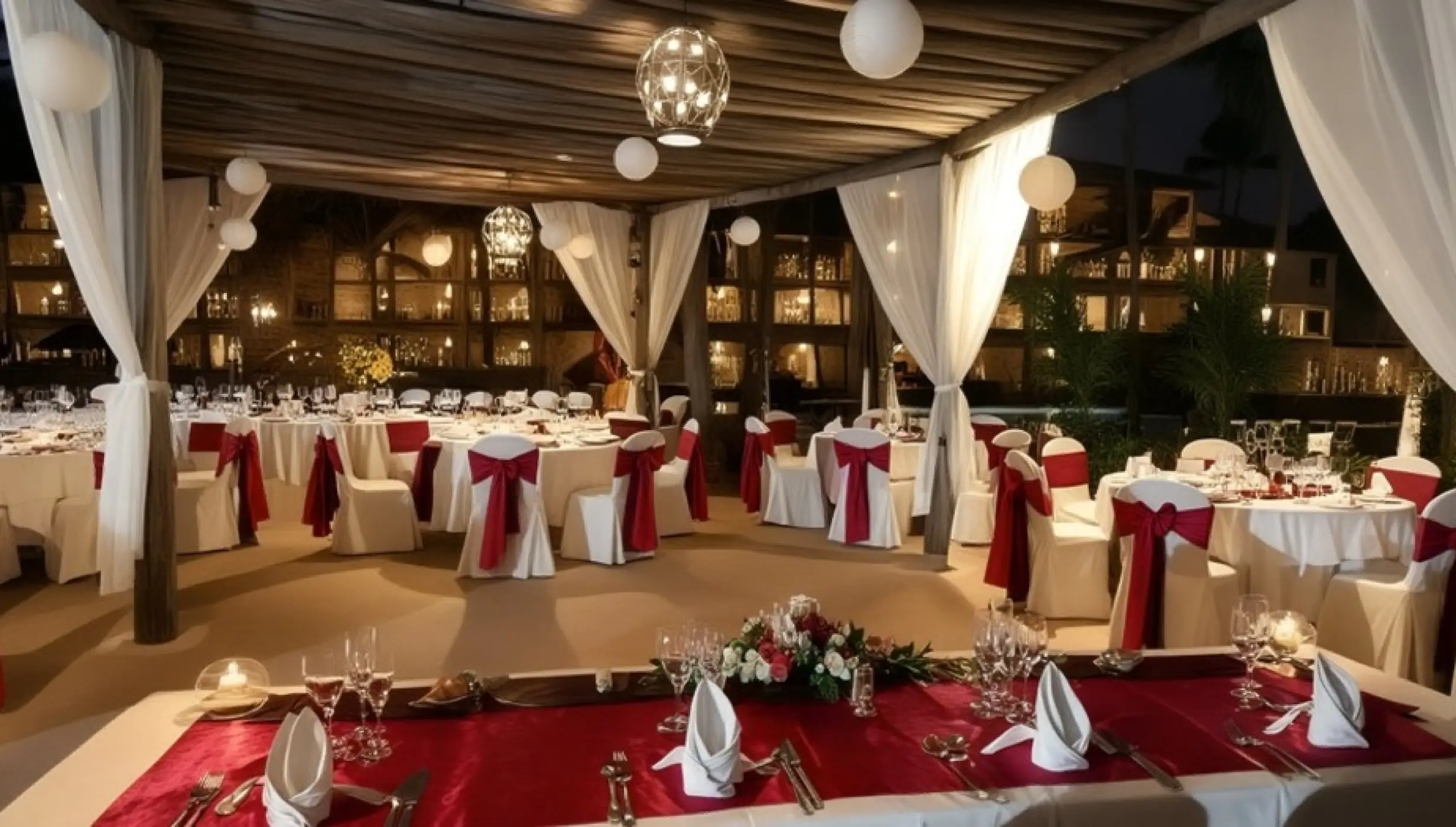 Evening wedding reception under Parrots Bar gazebo at Majestic Colonial, Punta Cana