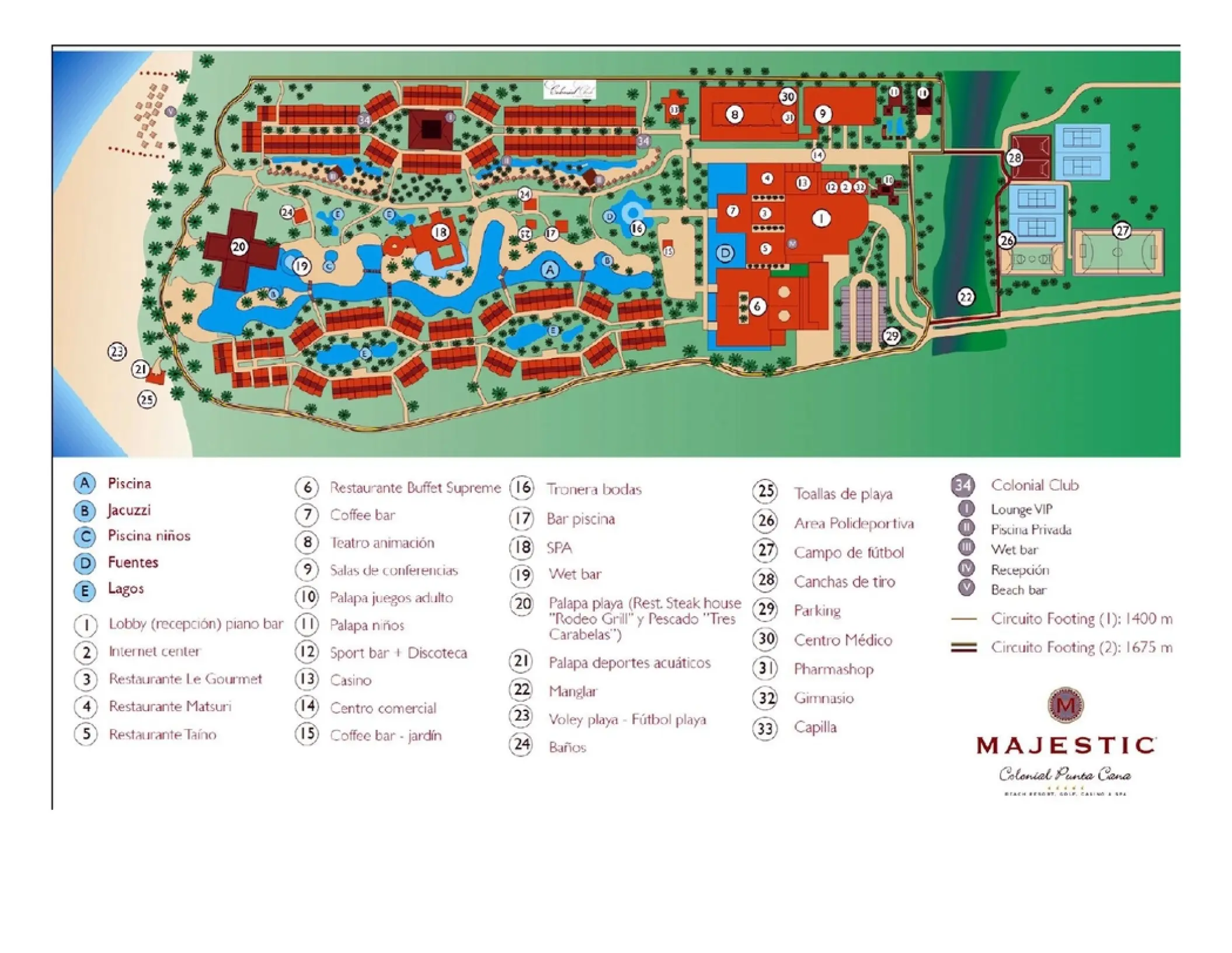 Resort map of Majestic Colonial Punta Cana showing grounds, pools, and amenities