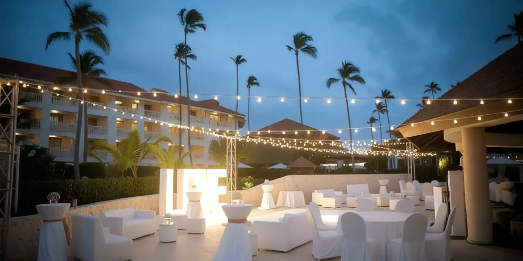 Outdoor wedding reception with string lights and white lounge seating at Majestic Colonial, Punta Cana
