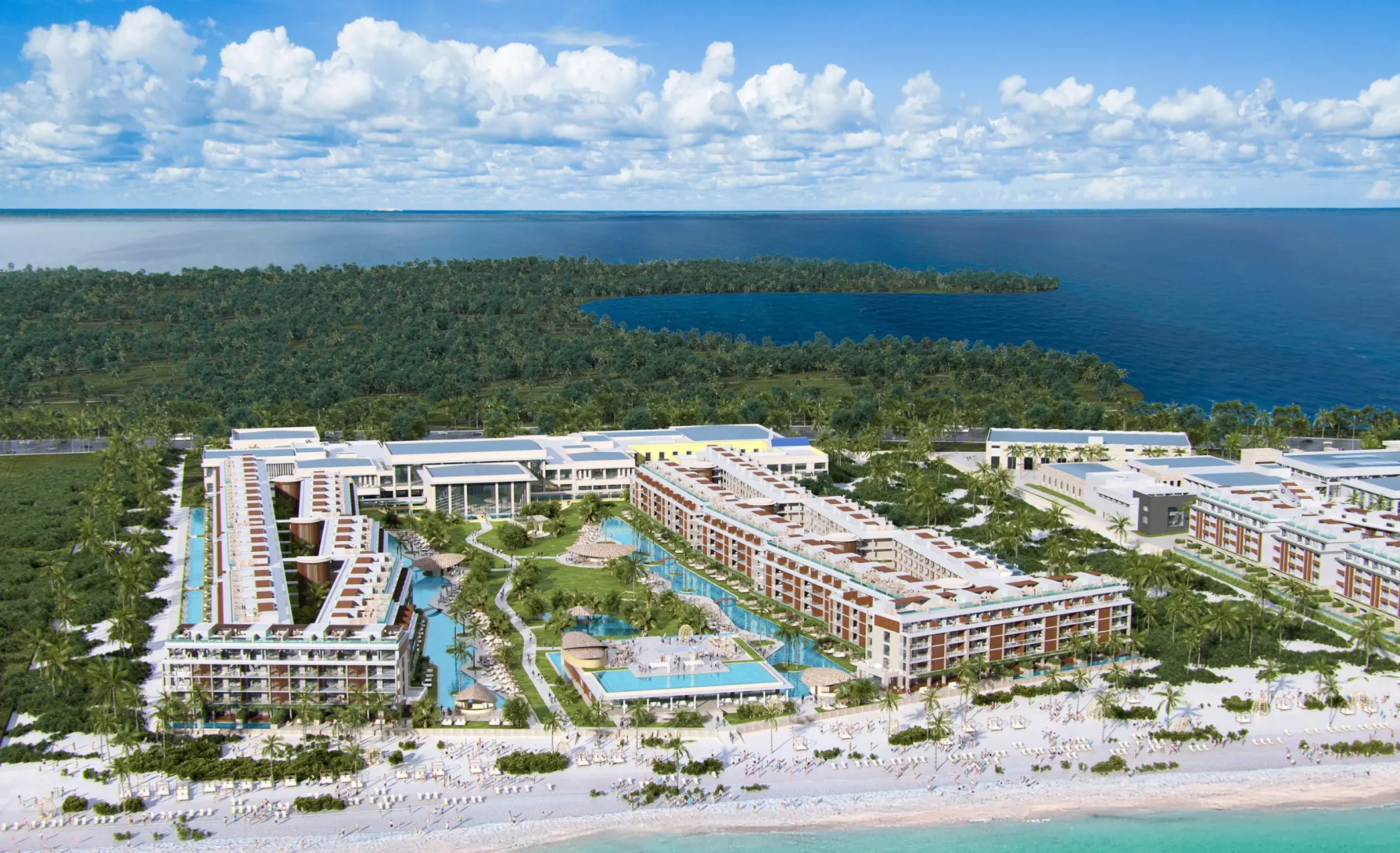 Aerial view of the resort grounds and pools at Majestic Mirage Costa Mujeres, Cancun