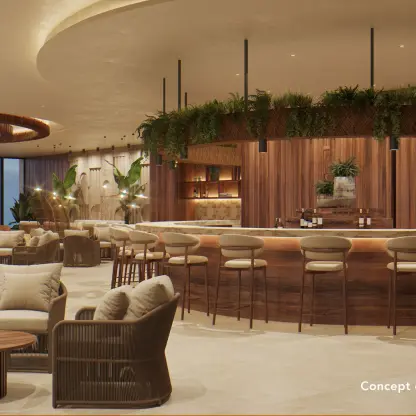 Piano bar with wood paneling and greenery at Majestic Mirage Costa Mujeres, Cancun