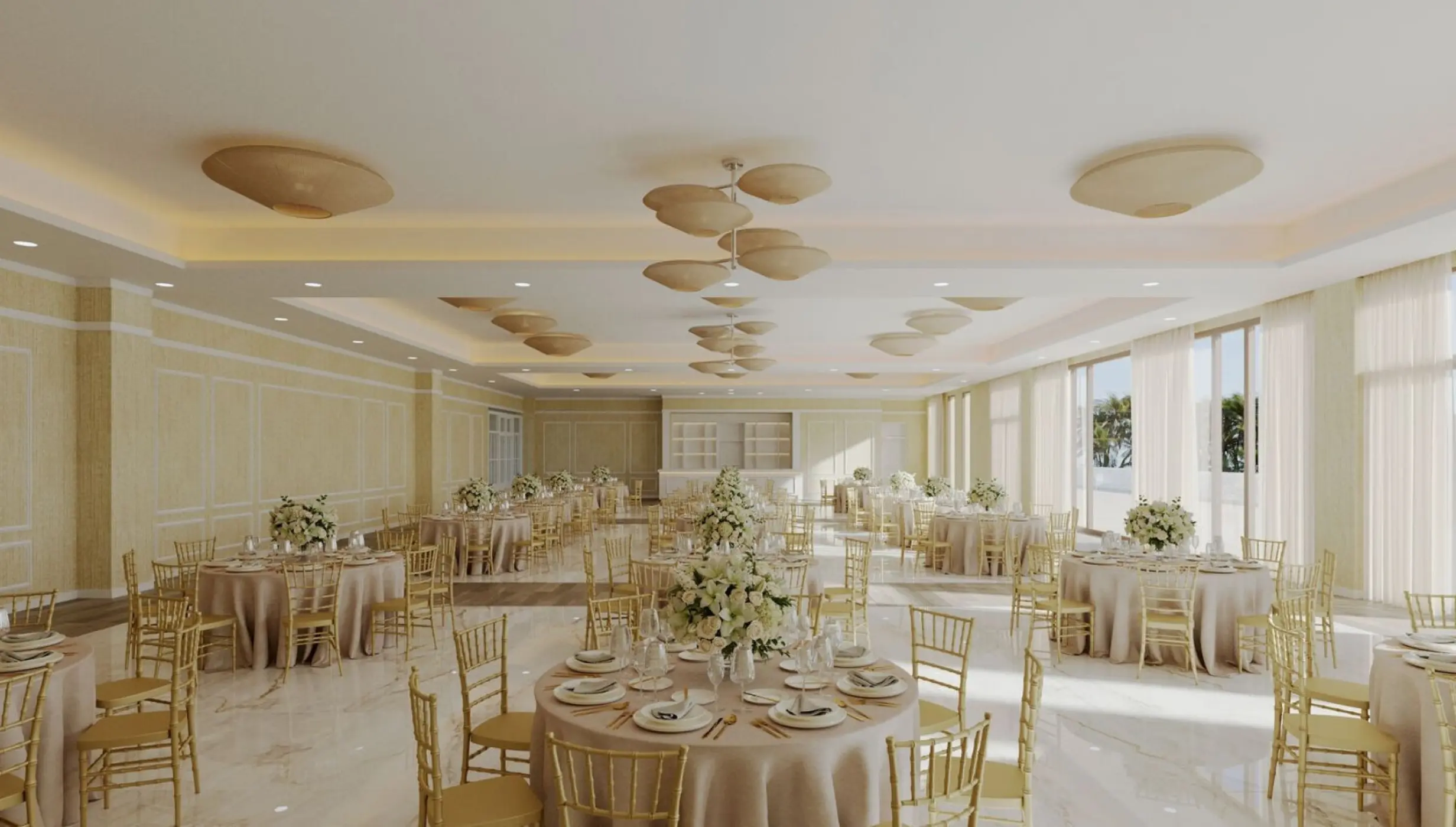 Sunrise Ballroom wedding reception with gold chairs at Majestic Mirage Costa Mujeres, Cancun