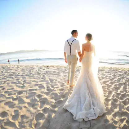 Bride and groom walking on the sand at Margaritaville Beach Resort Playa Flamingo, Liberia