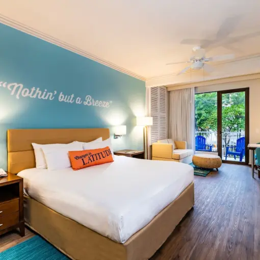 Guest room with garden view and blue accent wall at Margaritaville Beach Resort Playa Flamingo, Liberia