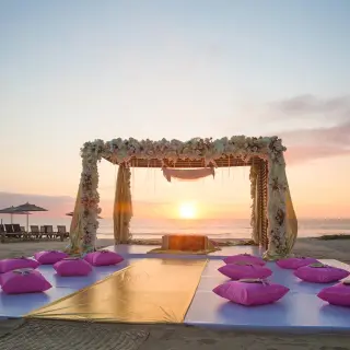 Sunset South Asian wedding ceremony setup at Marival Armony, Puerto Vallarta