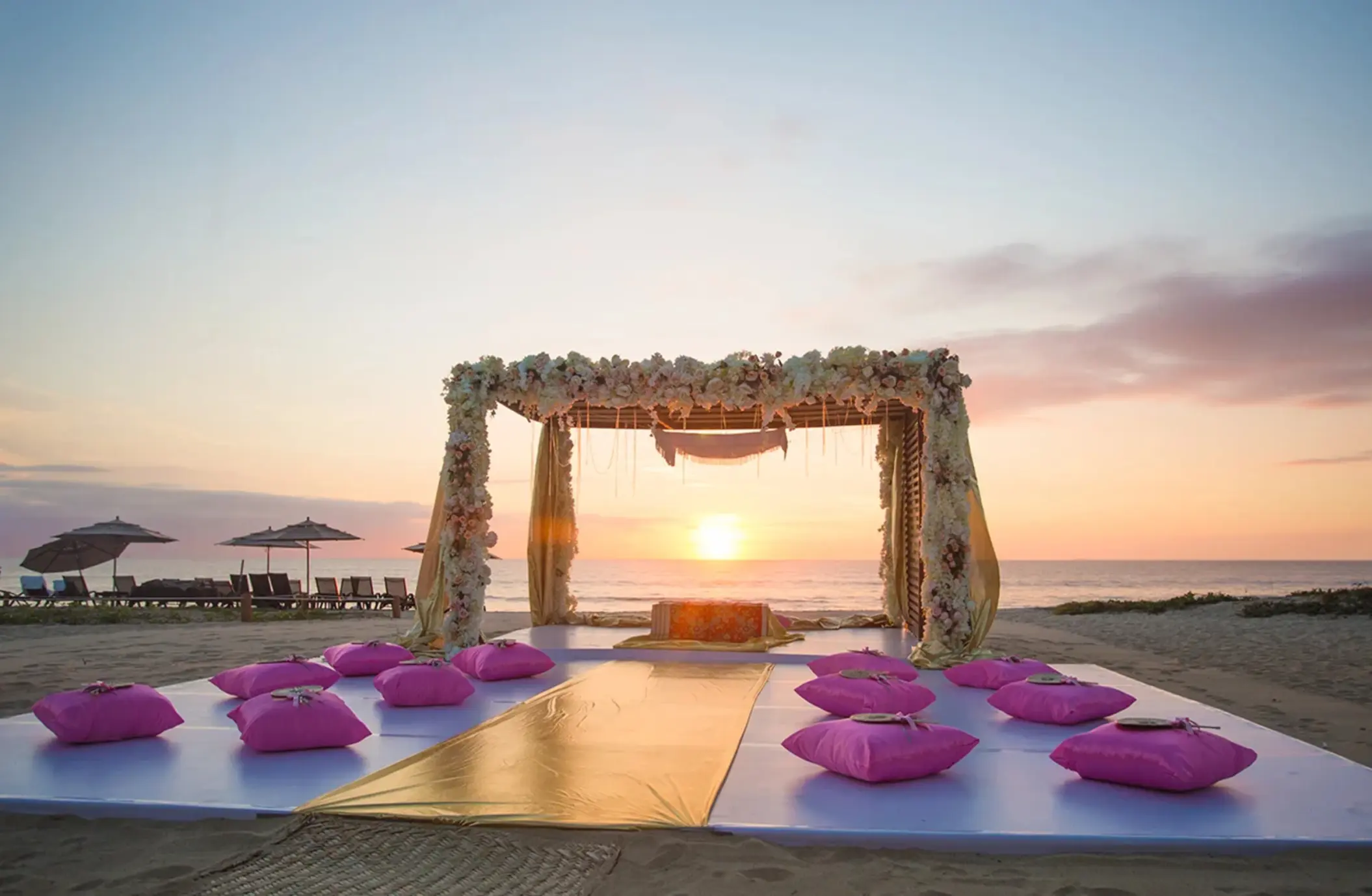 Sunset South Asian wedding ceremony setup at Marival Armony, Puerto Vallarta