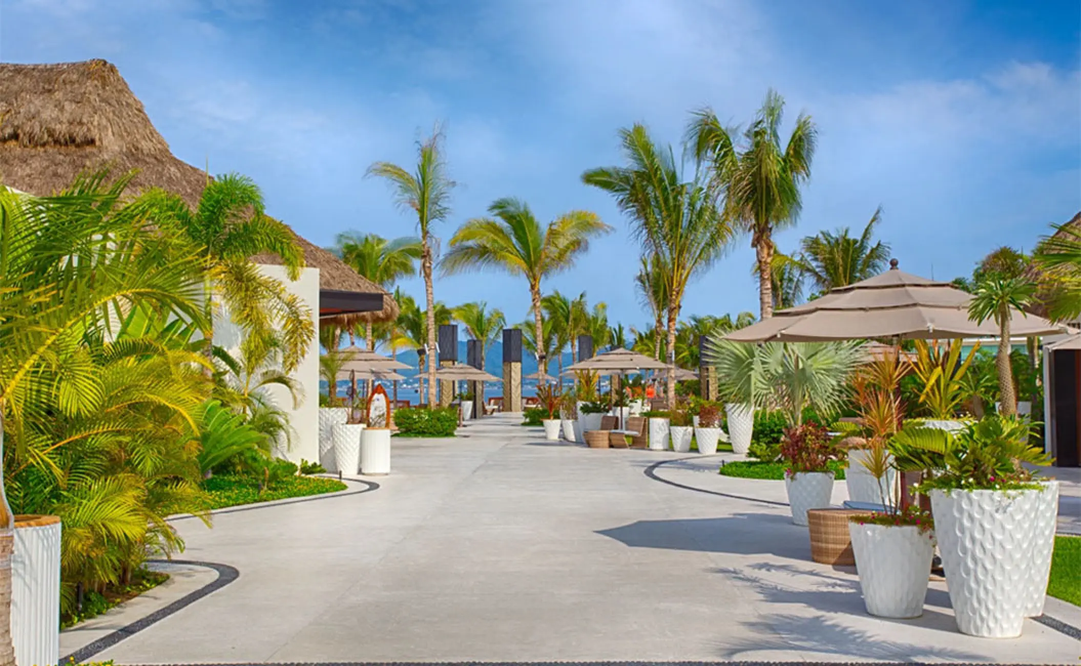 Paved garden walkways with palm trees and potted plants at Marival Distinct, Puerto Vallarta