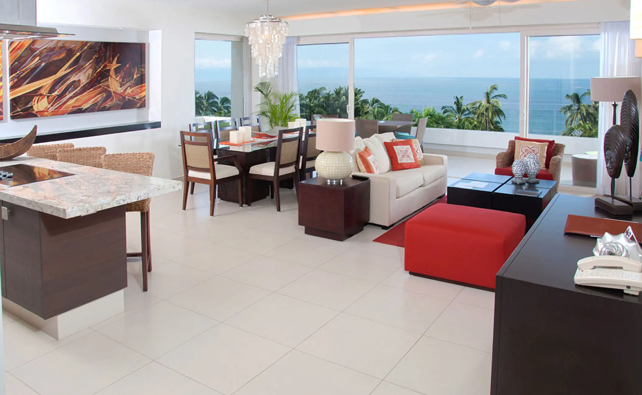 Three-bedroom residence living area with ocean views at Marival Distinct, Puerto Vallarta