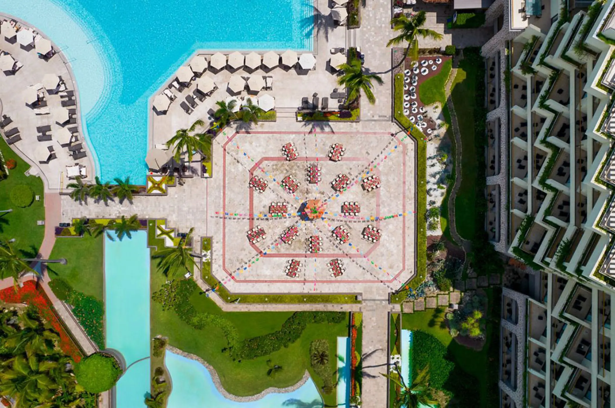 Aerial drone view of the main plaza and pool at Marriott Puerto Vallarta, Puerto Vallarta