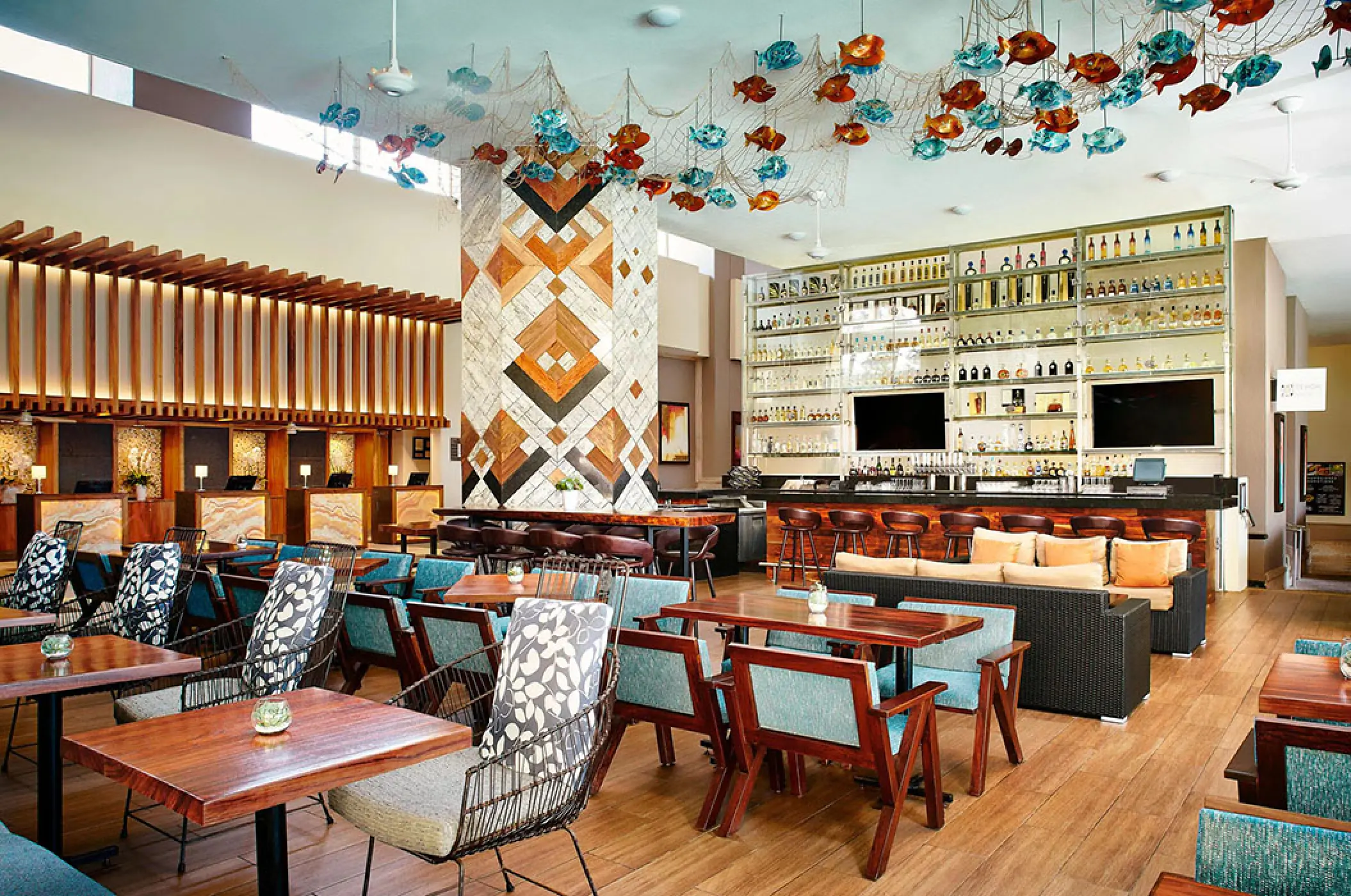 Ceviche and Tequila Bar with colorful fish decor at Marriott Puerto Vallarta, Puerto Vallarta
