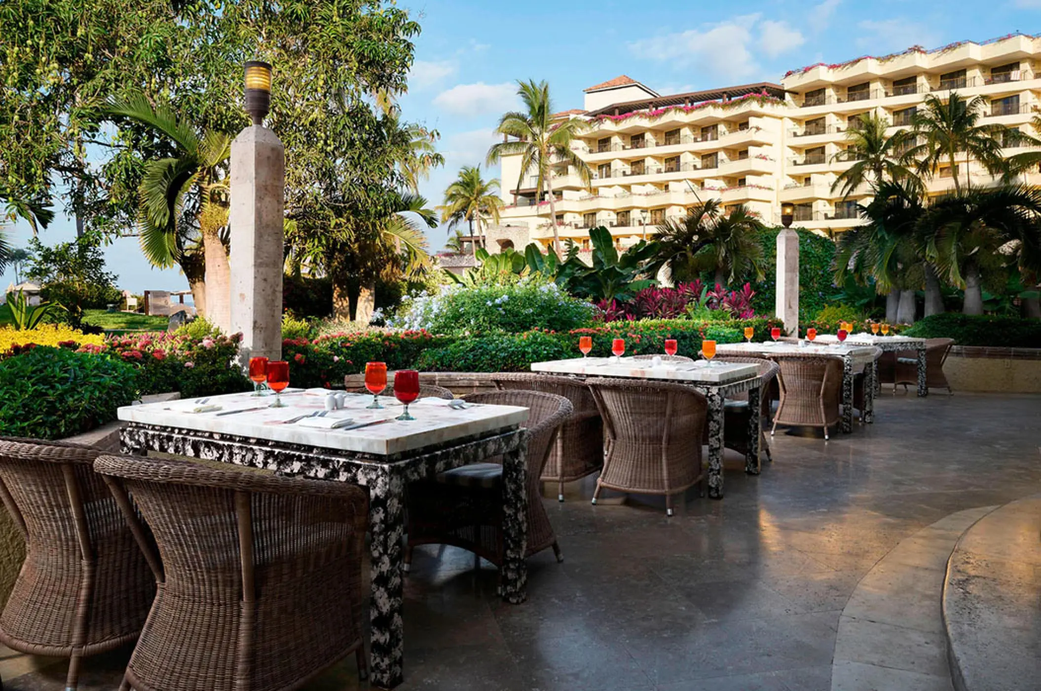 Outdoor terrace dining at La Estancia restaurant, Marriott Puerto Vallarta