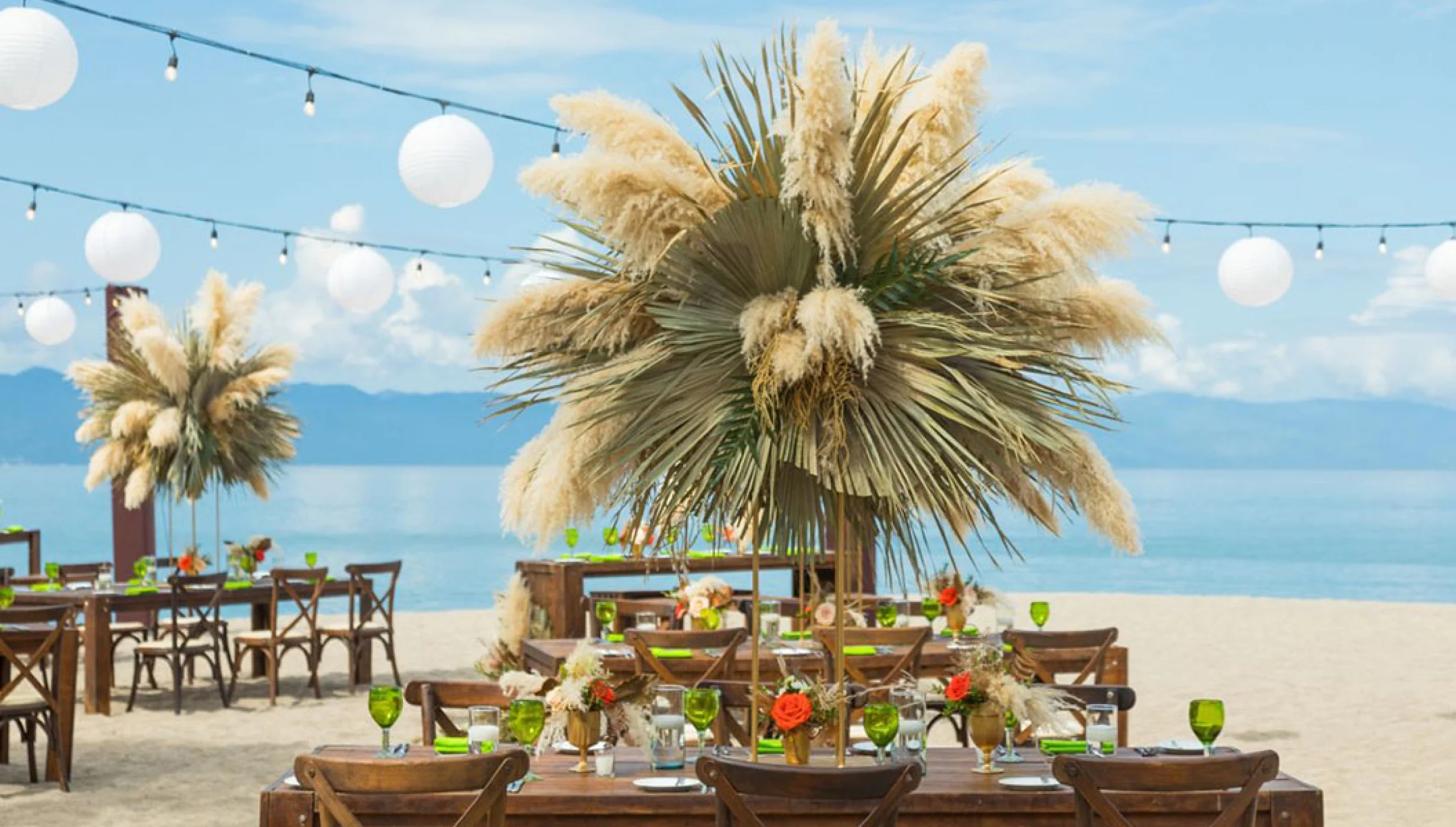 Reception decor on the Beach Wedding Venue at Marriott Puerto Vallarta
