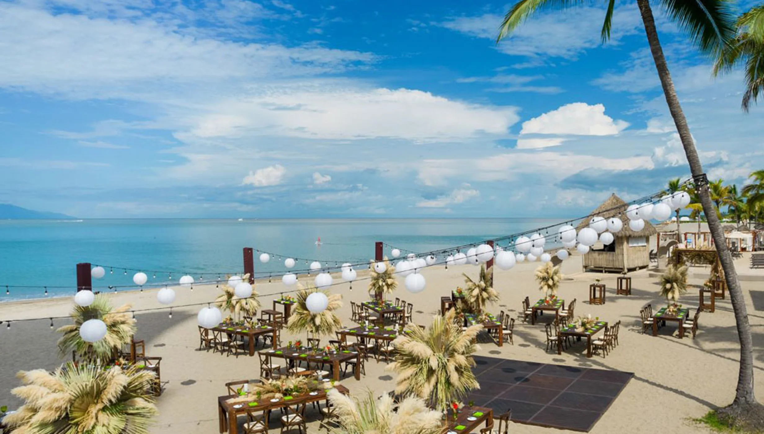 Wedding reception setup in the beach venue at Marriott Puerto Vallarta