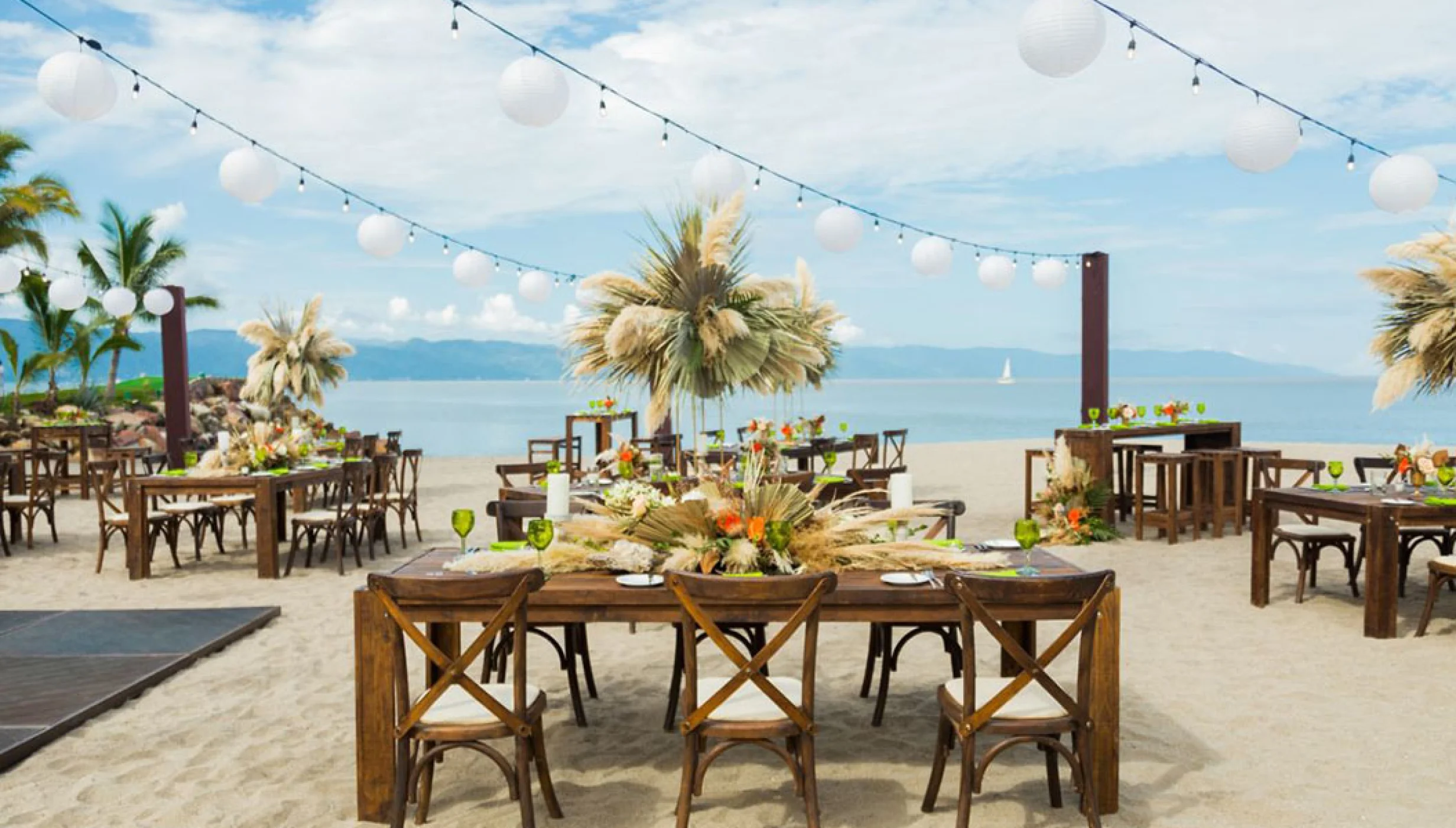 Reception decor on the Beach Wedding Venue at Marriott Puerto Vallarta