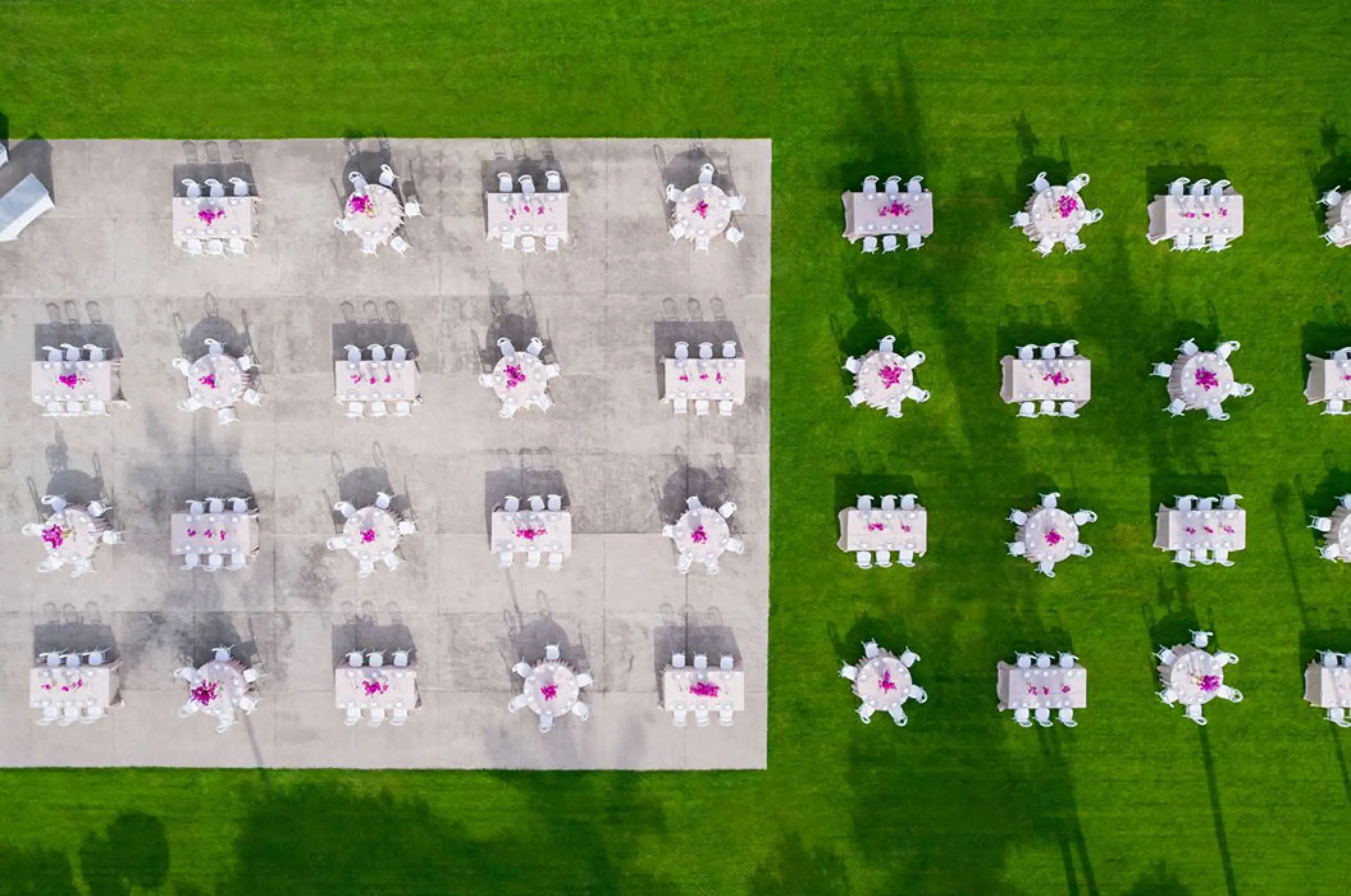Drone view of a garden wedding reception at Marriott Puerto Vallarta