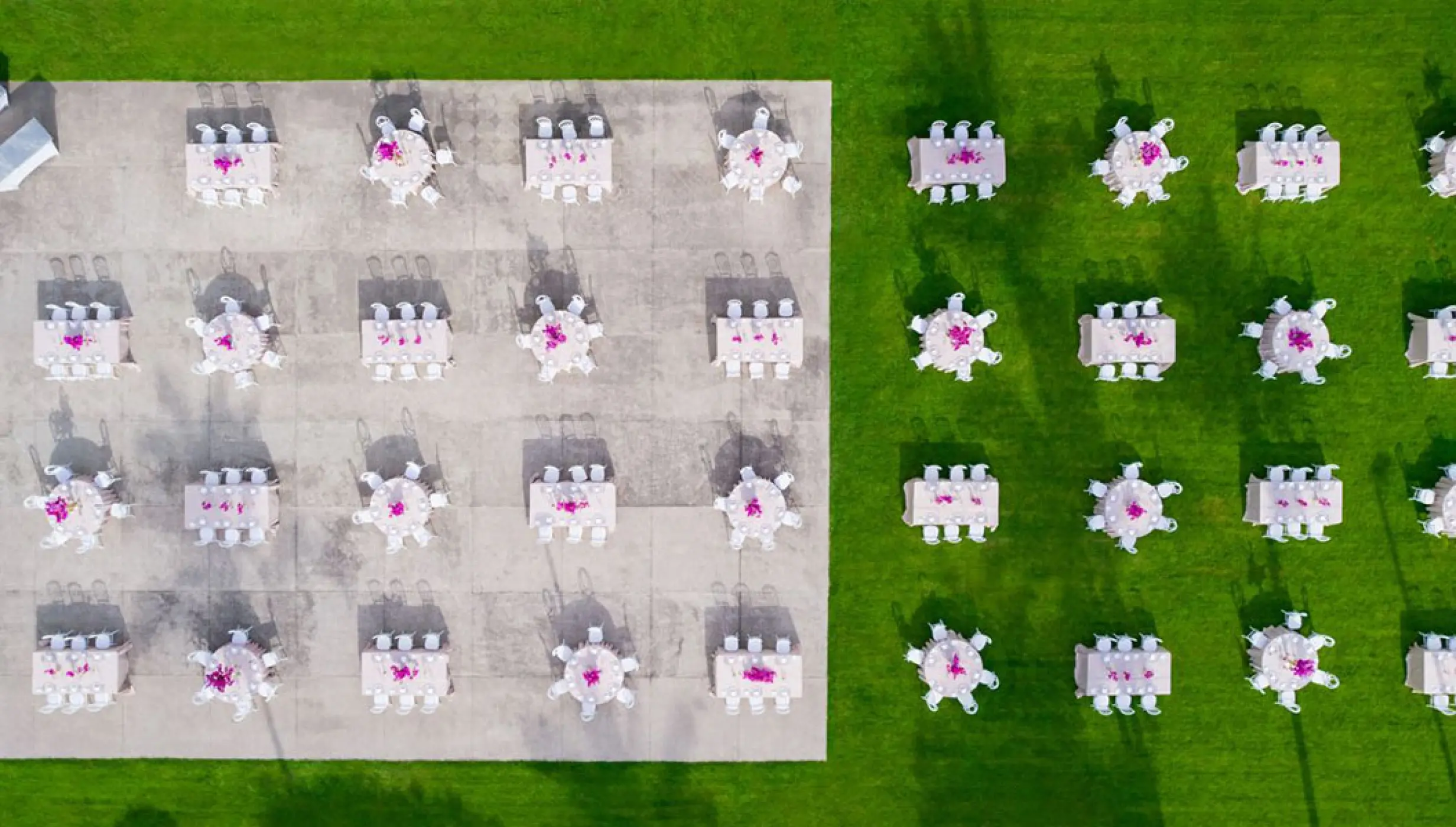 Drone view of a garden wedding reception at Marriott Puerto Vallarta
