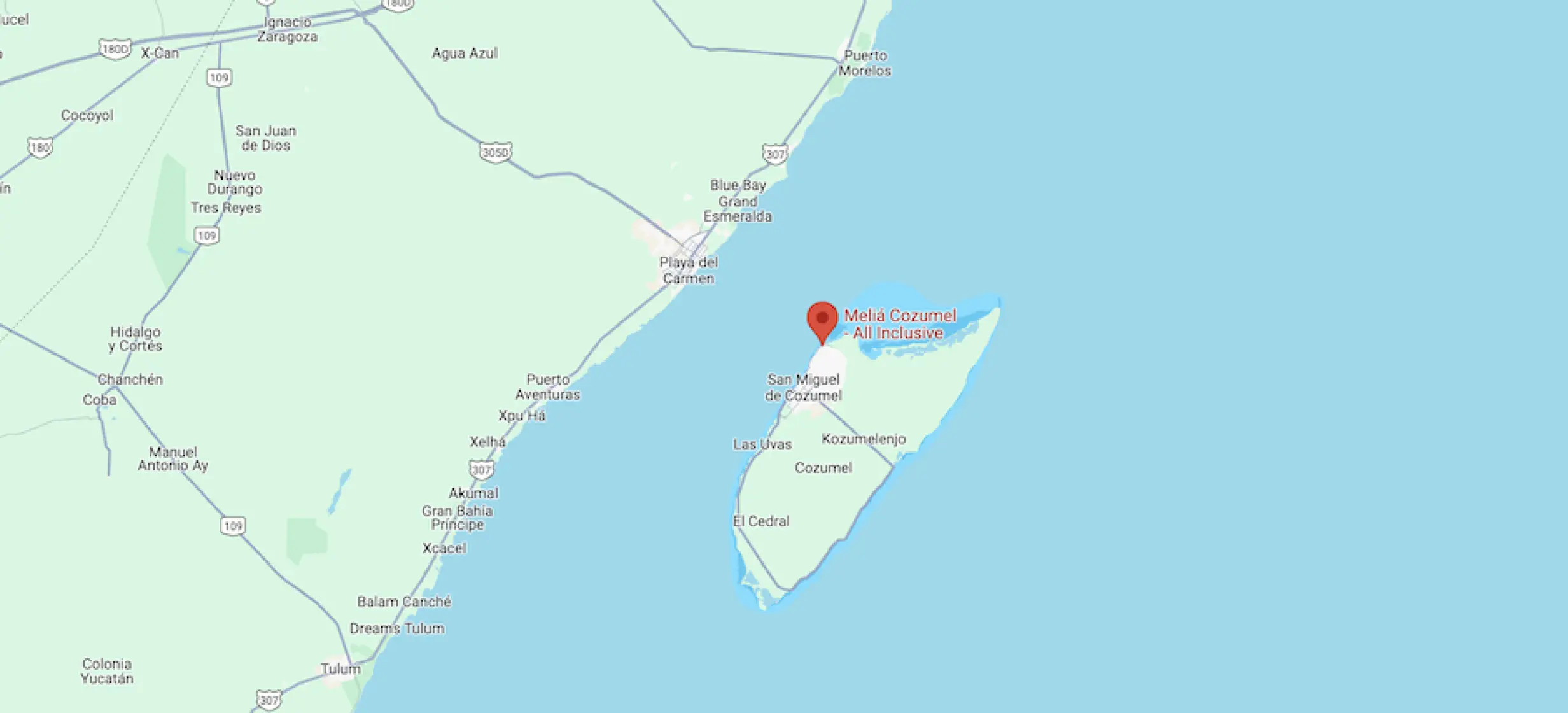 Map showing the location of Melia Cozumel on the island of Cozumel