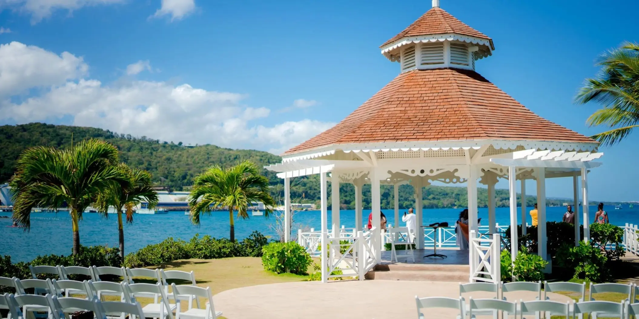 White oceanfront gazebo wedding ceremony venue at Moon Palace Jamaica, Ocho Rios