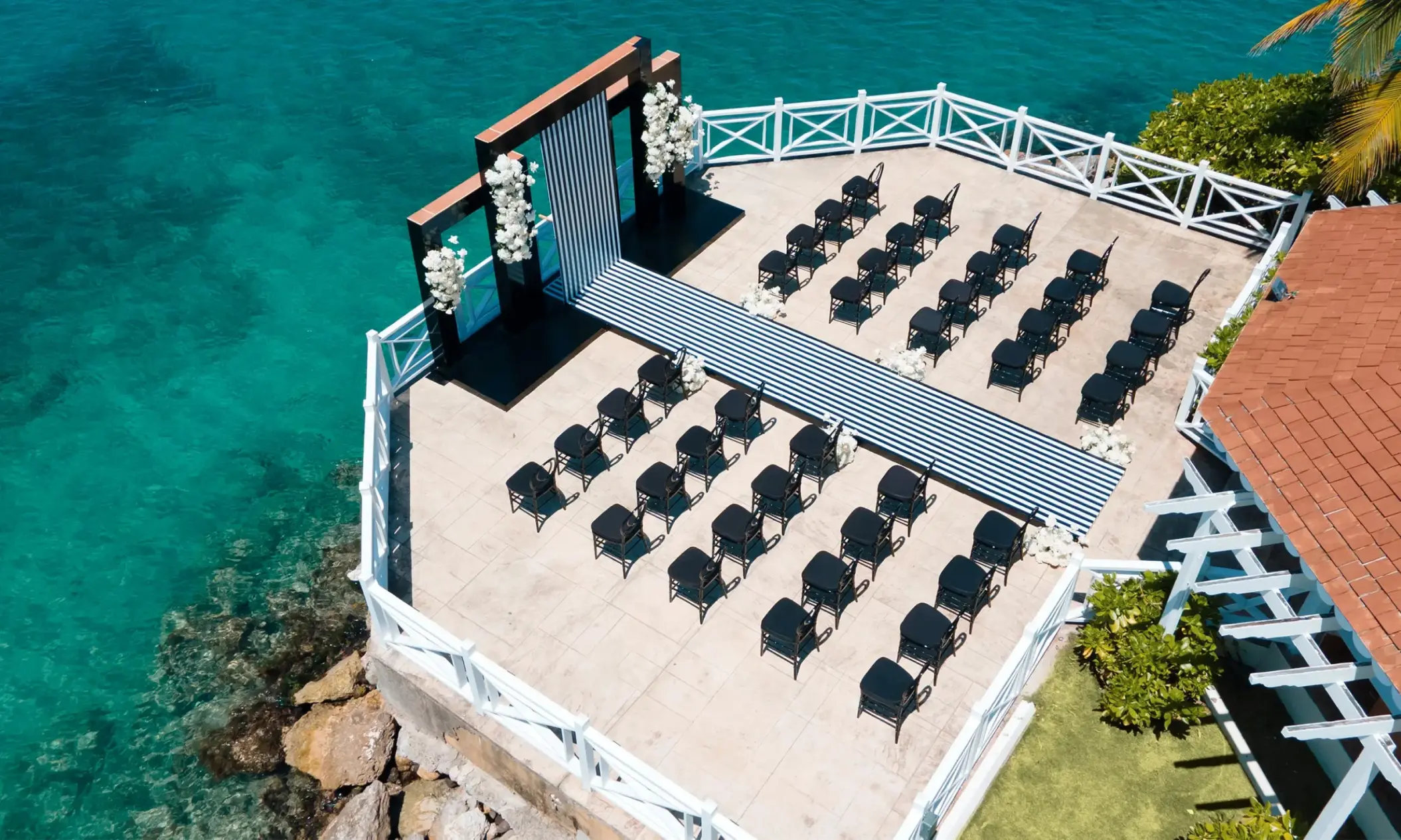 Aerial view of the North Terrace wedding ceremony setup at Moon Palace Jamaica, Ocho Rios