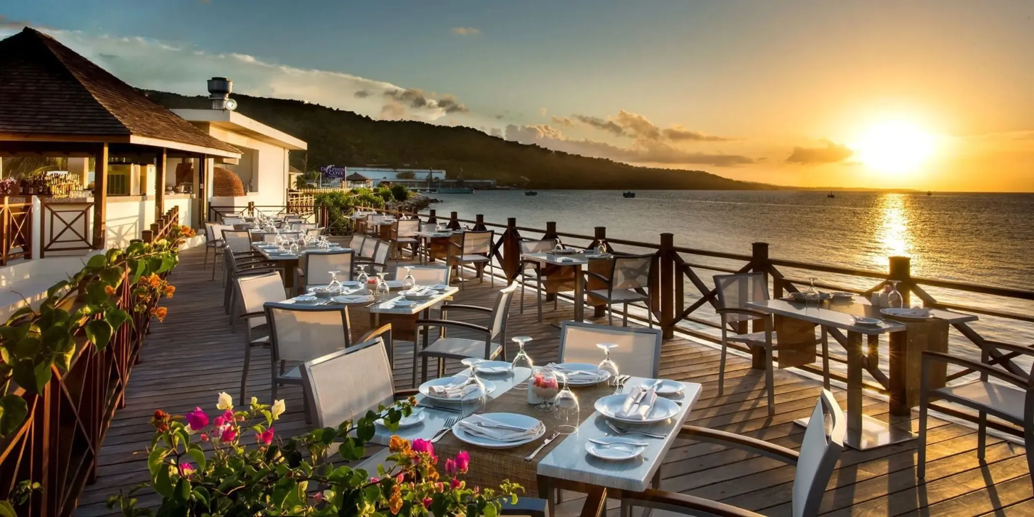 Sundeck restaurant outdoor seating at Moon Palace Jamaica during sunset, Ocho Rios