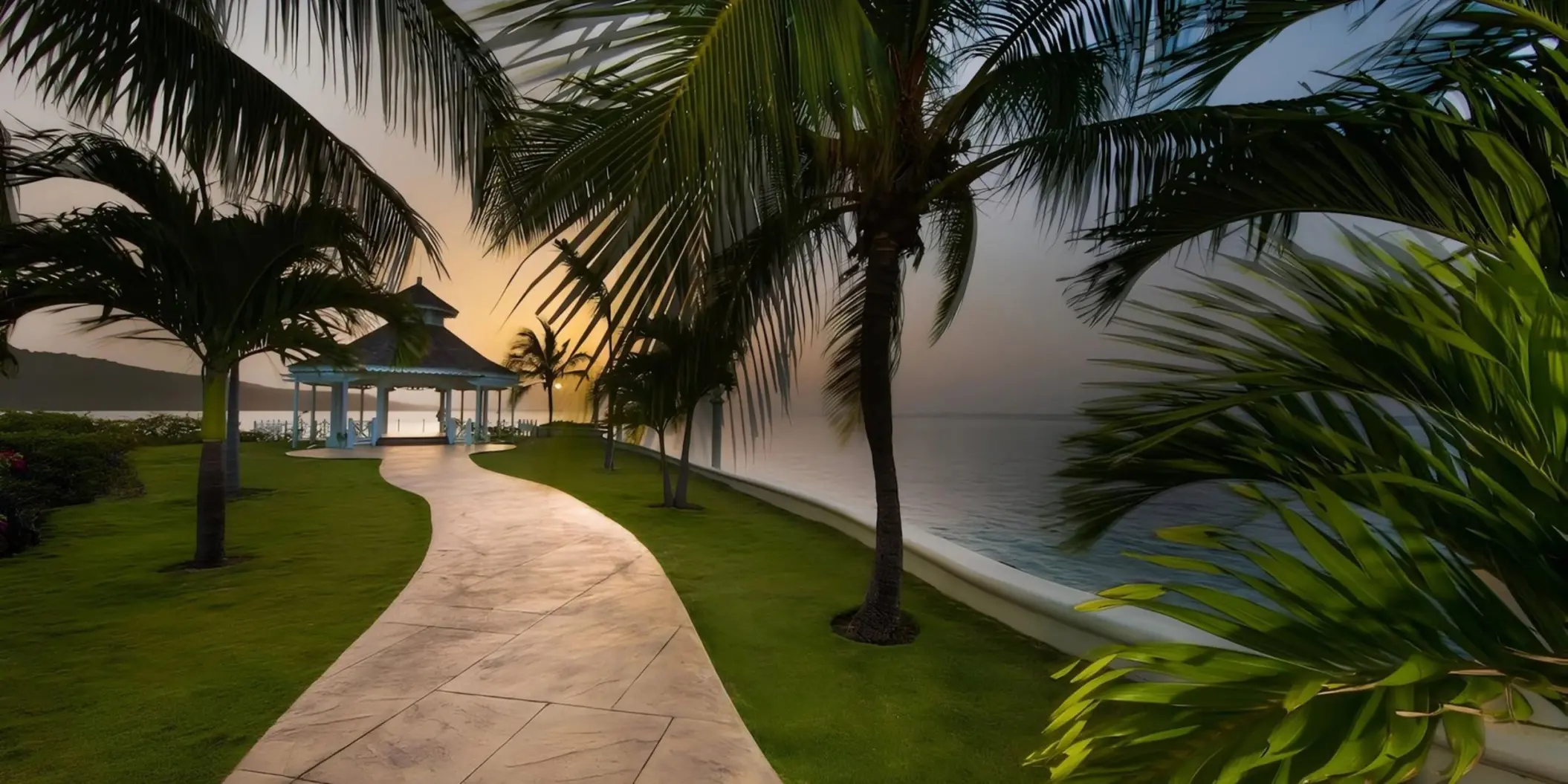 Oceanfront wedding gazebo and stone pathway at Moon Palace Jamaica, Ocho Rios