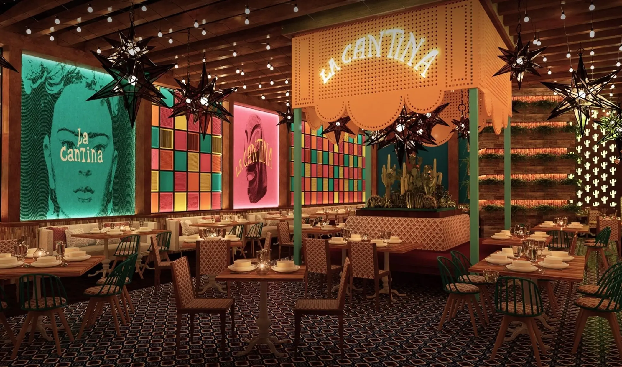 La Cantina restaurant dining area with colorful wall art at Moon Palace Punta Cana