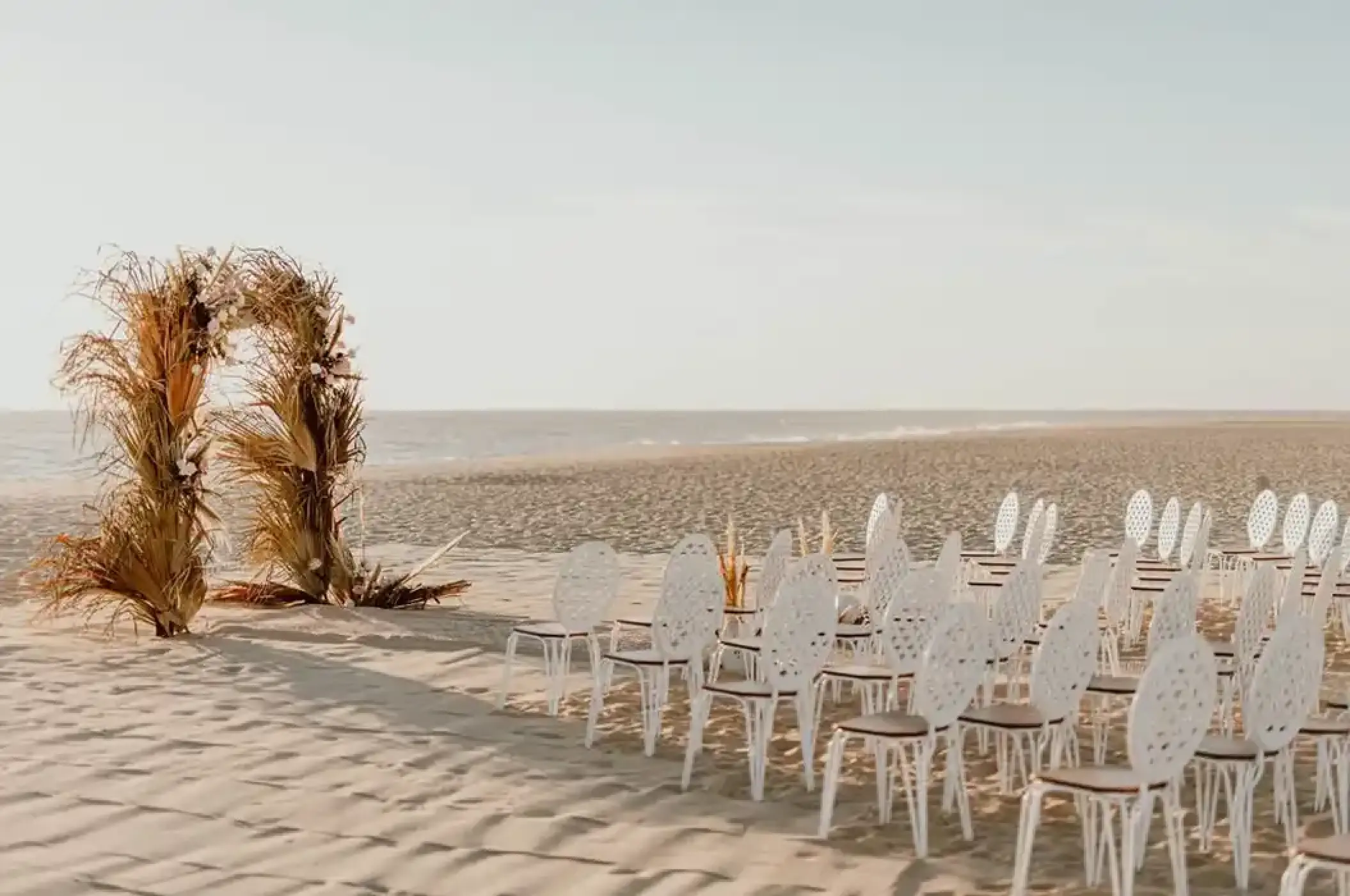 Beachfront wedding ceremony with pampas grass arch and white chairs at Nobu Hotel Los Cabos, Cabo San Lucas
