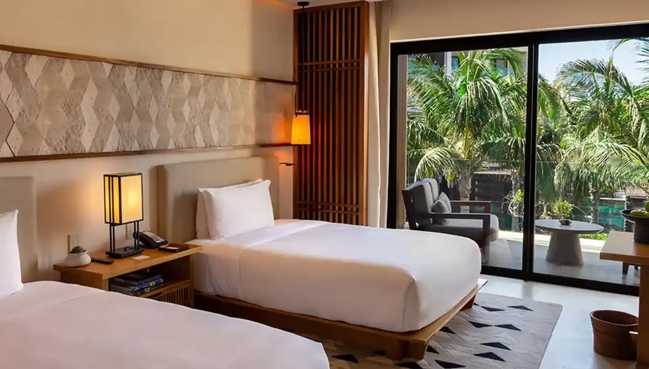 Nobu Hotel Los Cabos deluxe garden view suite with twin beds and private terrace, Cabo San Lucas