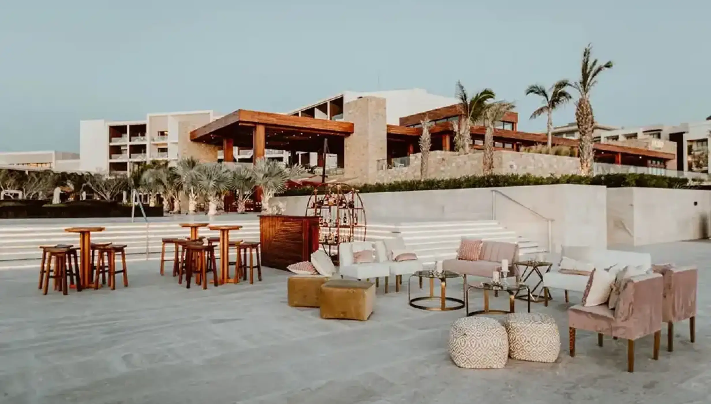 Outdoor cocktail hour lounge and bar setup at Nobu Hotel Los Cabos, Cabo San Lucas