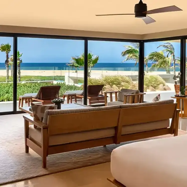 Nobu Los Cabos oceanview suite with floor-to-ceiling windows and beach views, Cabo San Lucas