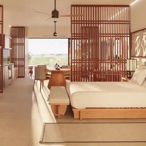 Modern Japanese-inspired suite with wood screens and minimalist furniture at Nobu Hotel Los Cabos, Cabo San Lucas