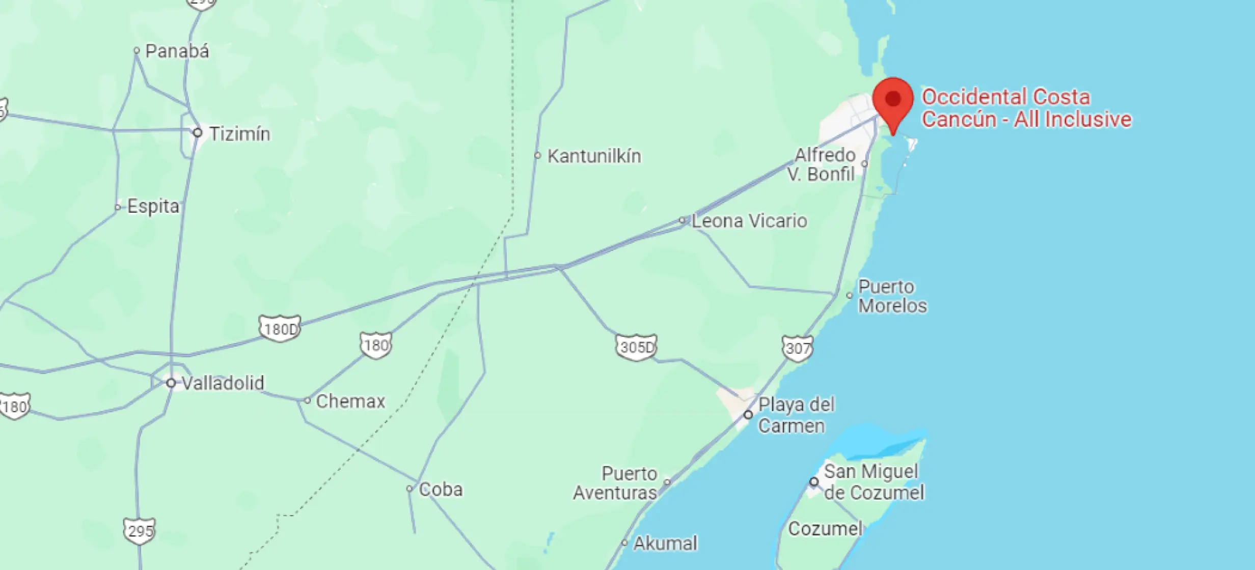 Map screenshot showing the location of Occidental Costa Cancun on the coast of Mexico
