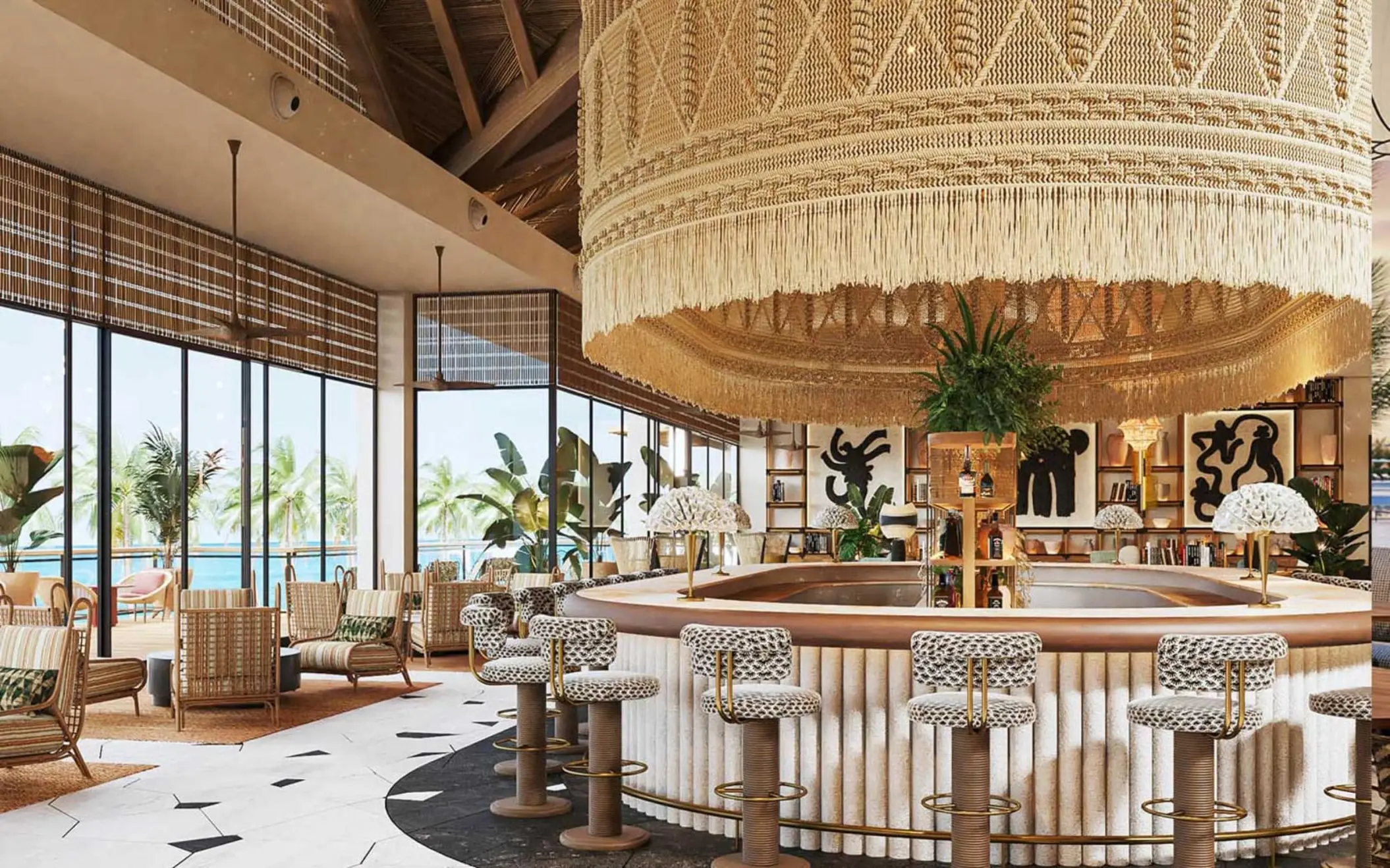 Circular indoor bar with patterned stools and woven chandelier at Ocean Allure Costa Mujeres, Cancun