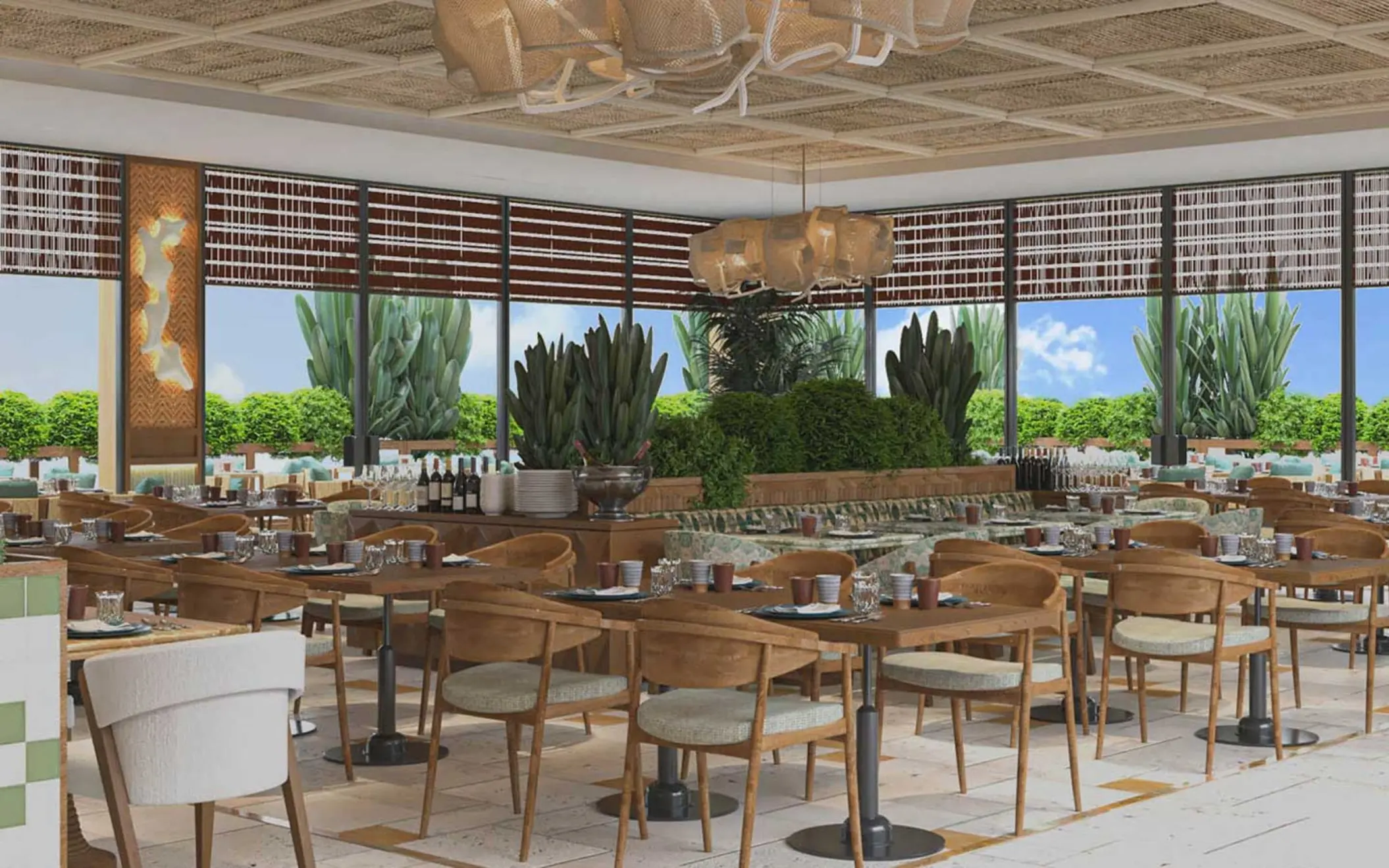 Modern indoor restaurant with wooden tables and chairs at Ocean Allure Costa Mujeres, Cancun