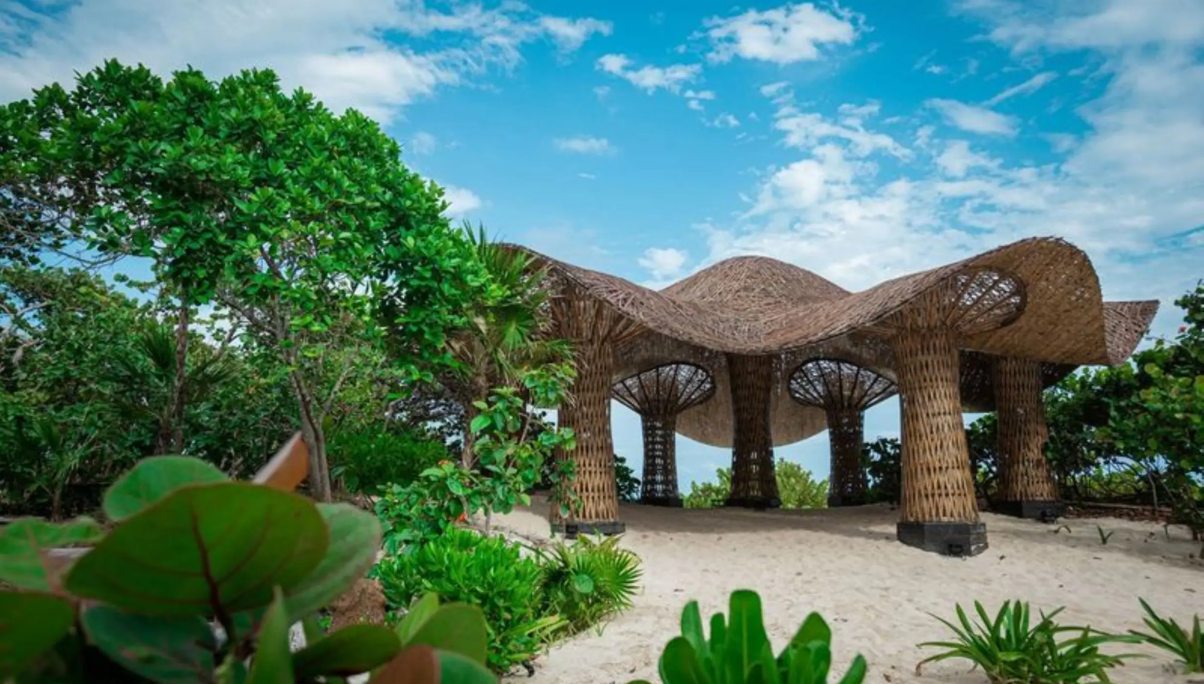 Woven mushroom-shaped structures at Palmaia - The House of AiA, Playa Del Carmen