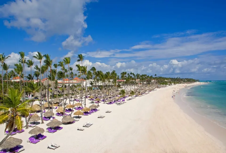 Aerial view of the white sand beach and turquoise water at Paradisus Palma Real, Punta Cana