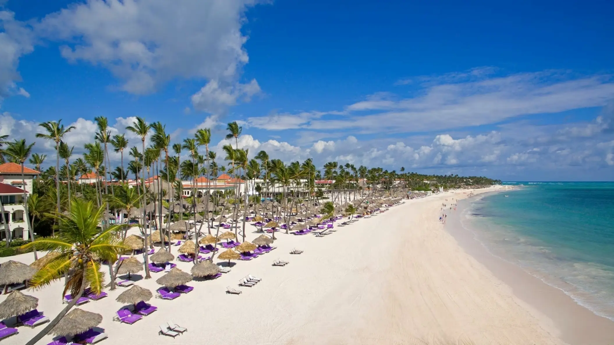 Aerial view of the white sand beach and turquoise water at Paradisus Palma Real, Punta Cana