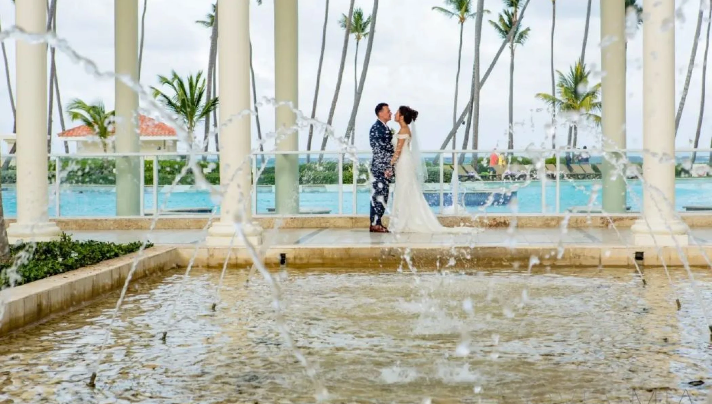 bride and groom at colonial plaza venue at Paradisus Palma Real