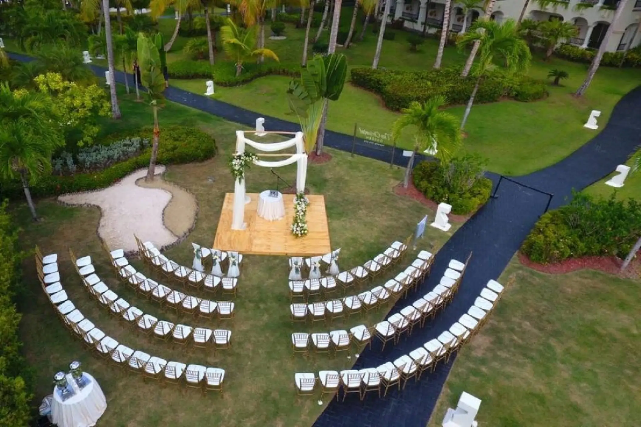Aerial view of a garden wedding ceremony at Paradisus Palma Real, Punta Cana