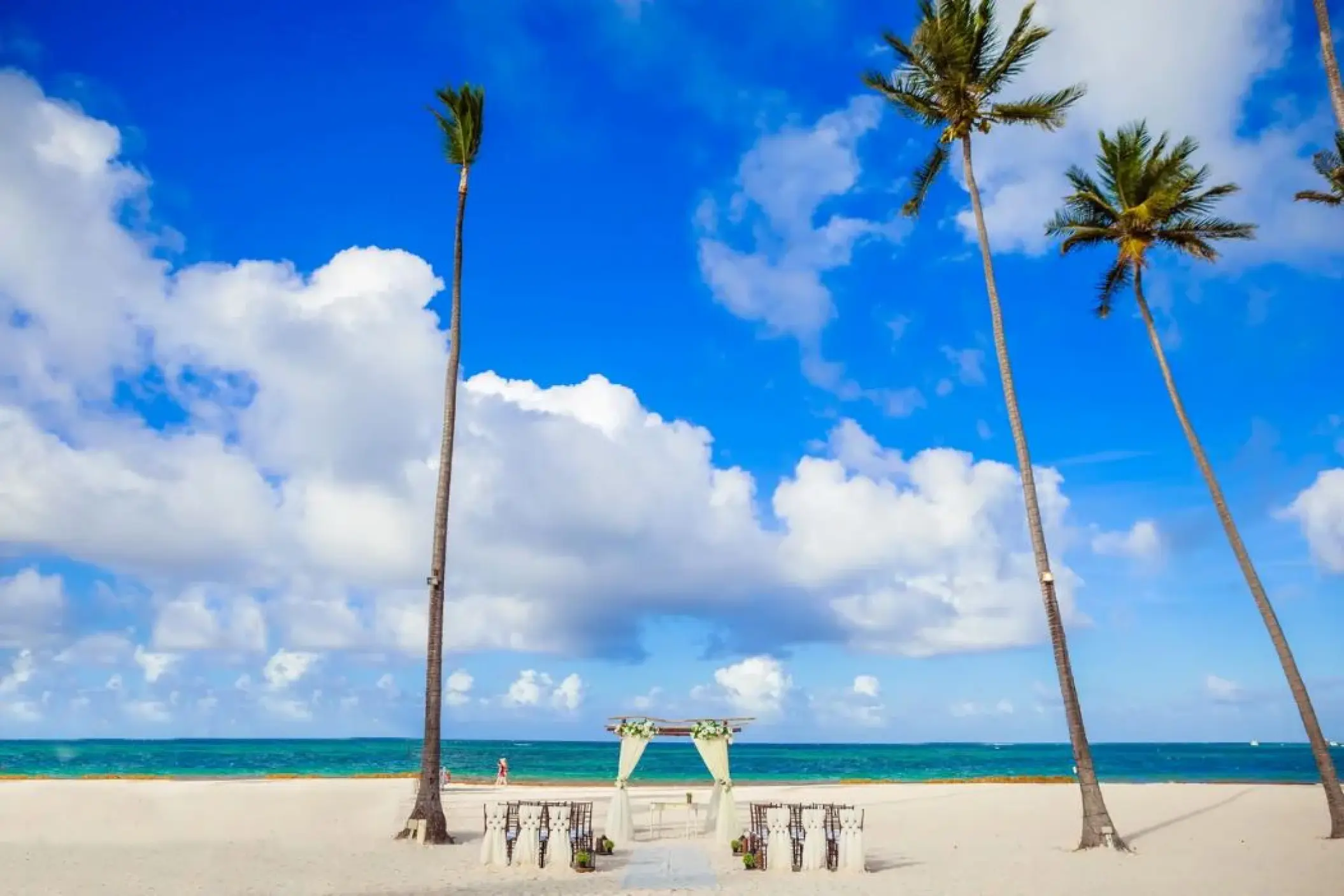 Beach wedding ceremony setup under palm trees at Paradisus Palma Real, Punta Cana